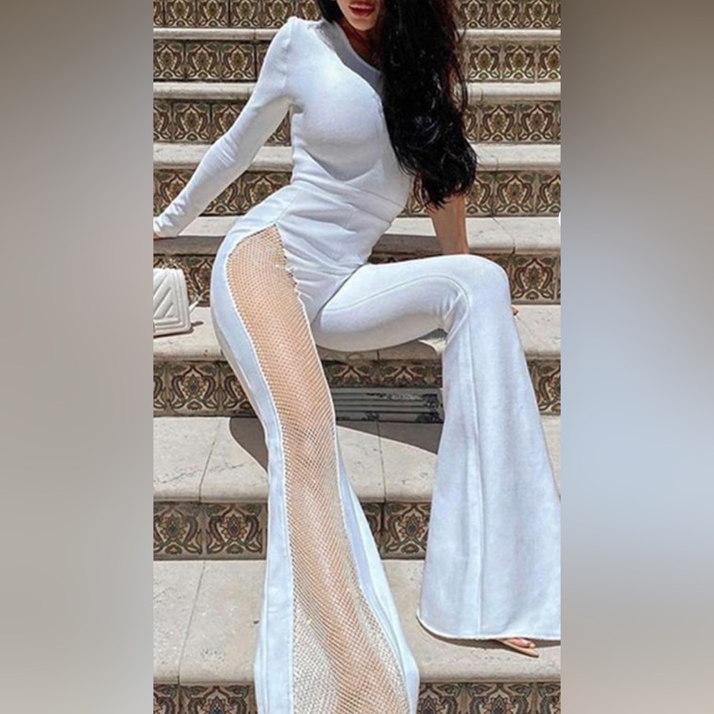 White Rhinestone Mesh One Sleeve Flared Leg Jumpsuit